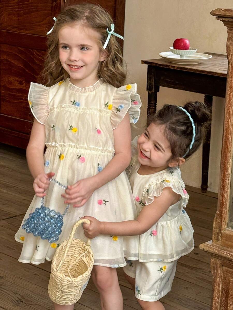 SHEIN LMoss Kids Vestido ajustado con volantes y estampado floral en miniatura para niñas jóvenes de LMoss