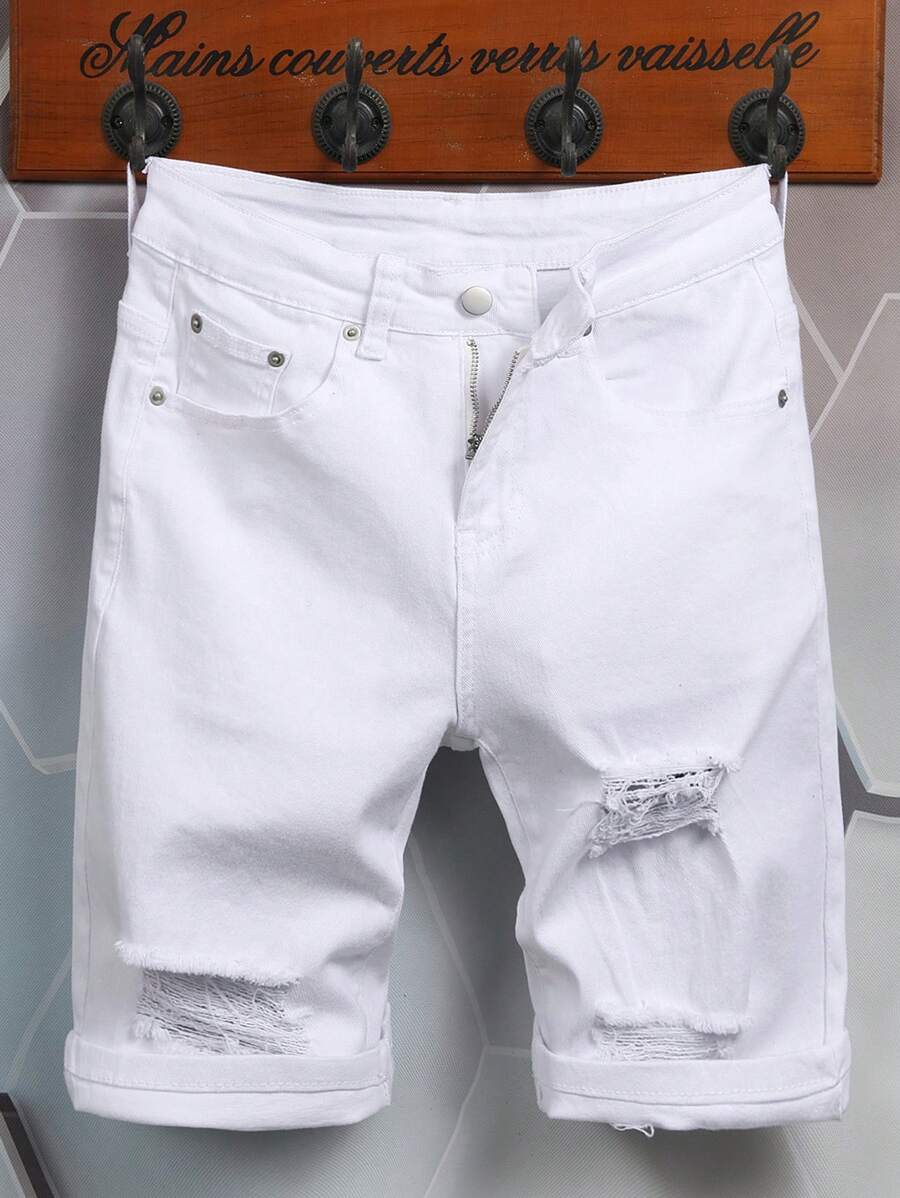 Manfinity LEGND Men's Plain Ripped Casual Denim Shorts, Simple And Fashionable For Daily Wear