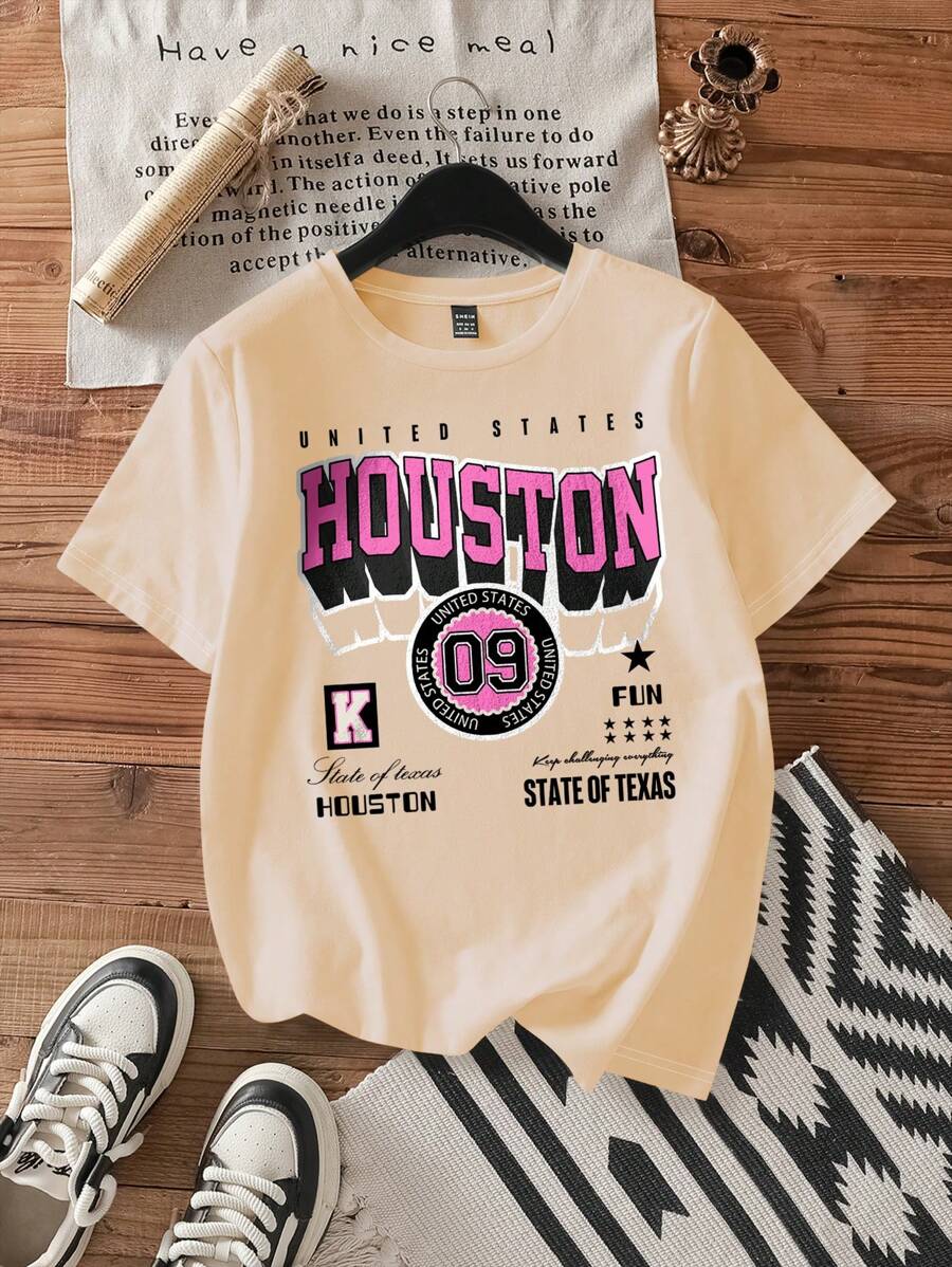 Attitoon "CUTE Casual Simple Letter & '09' Number Graphic Loose Round Neck Short Sleeve Women's T-Shirt, Suitable For Summer"
