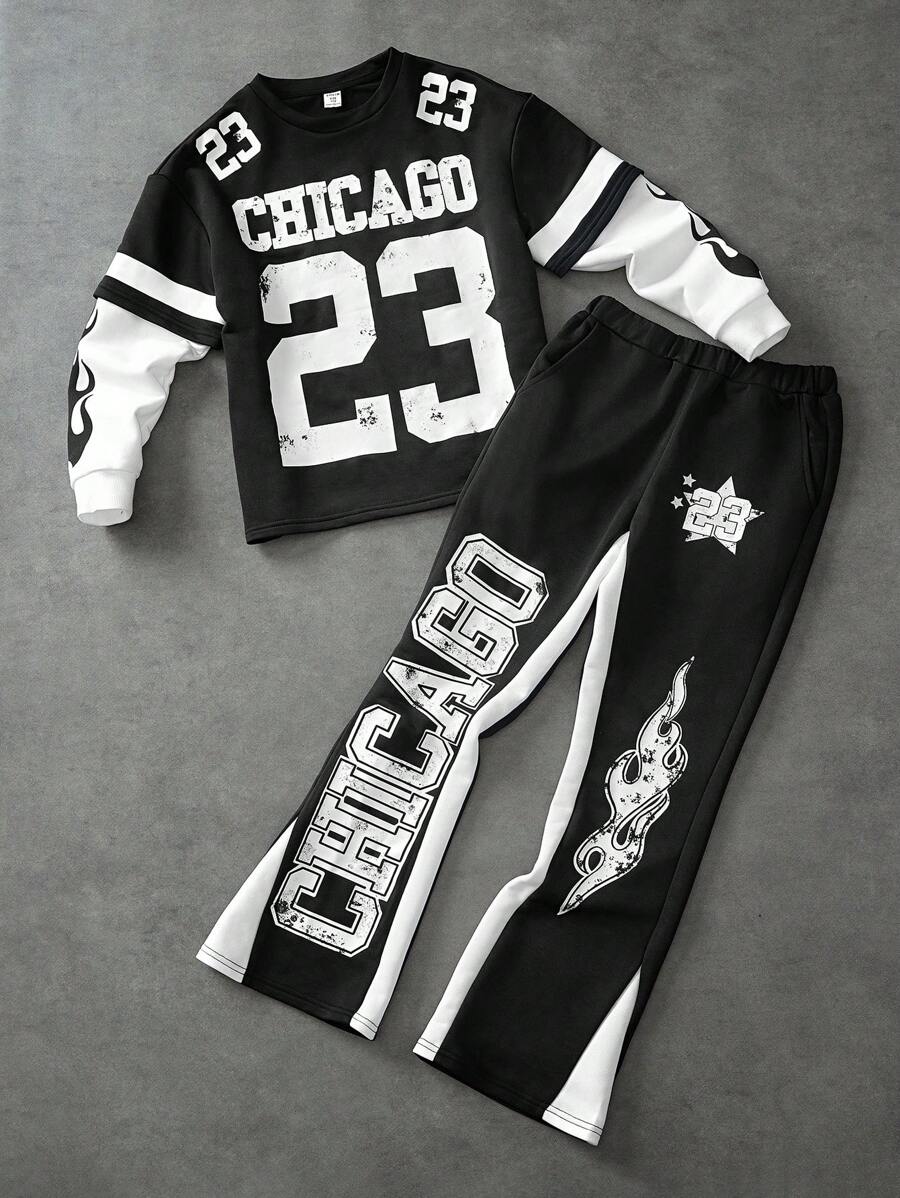 Coolane Kids Conjunto de dos piezas de suéter de manga larga estilo hip-hop con bloques de color negro y blanco y pantalón ancho de chándal, para niños preadolescentes en primavera/verano