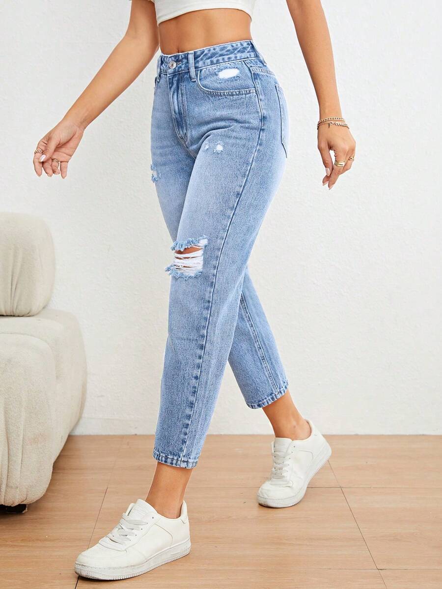 SHEIN Essnce Casual Washed Distressed Tapered Leg Jeans