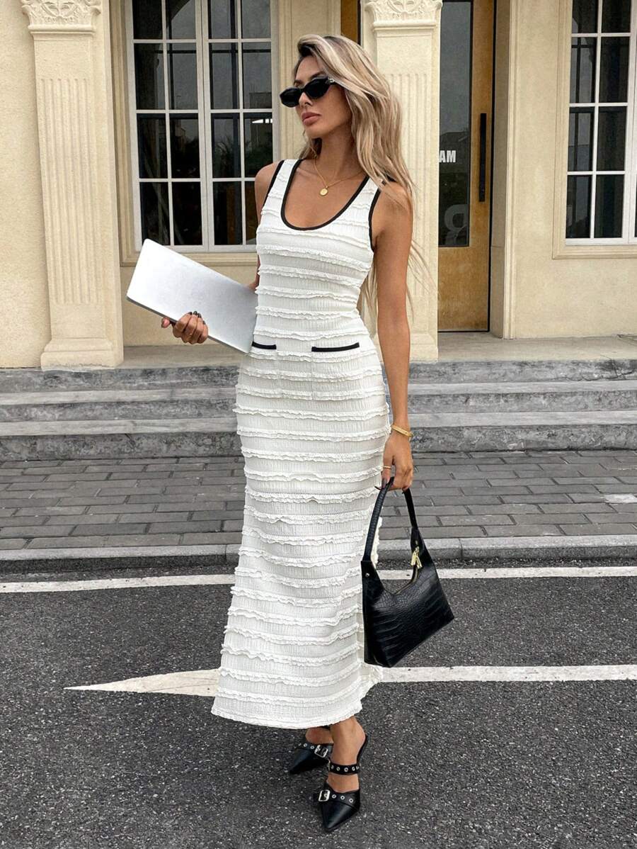 SHEIN Essnce Vestido elegante y delgado de mujer con contraste de color, cuello en V sin mangas, volantes y textura, espalda descubierta y unicolor