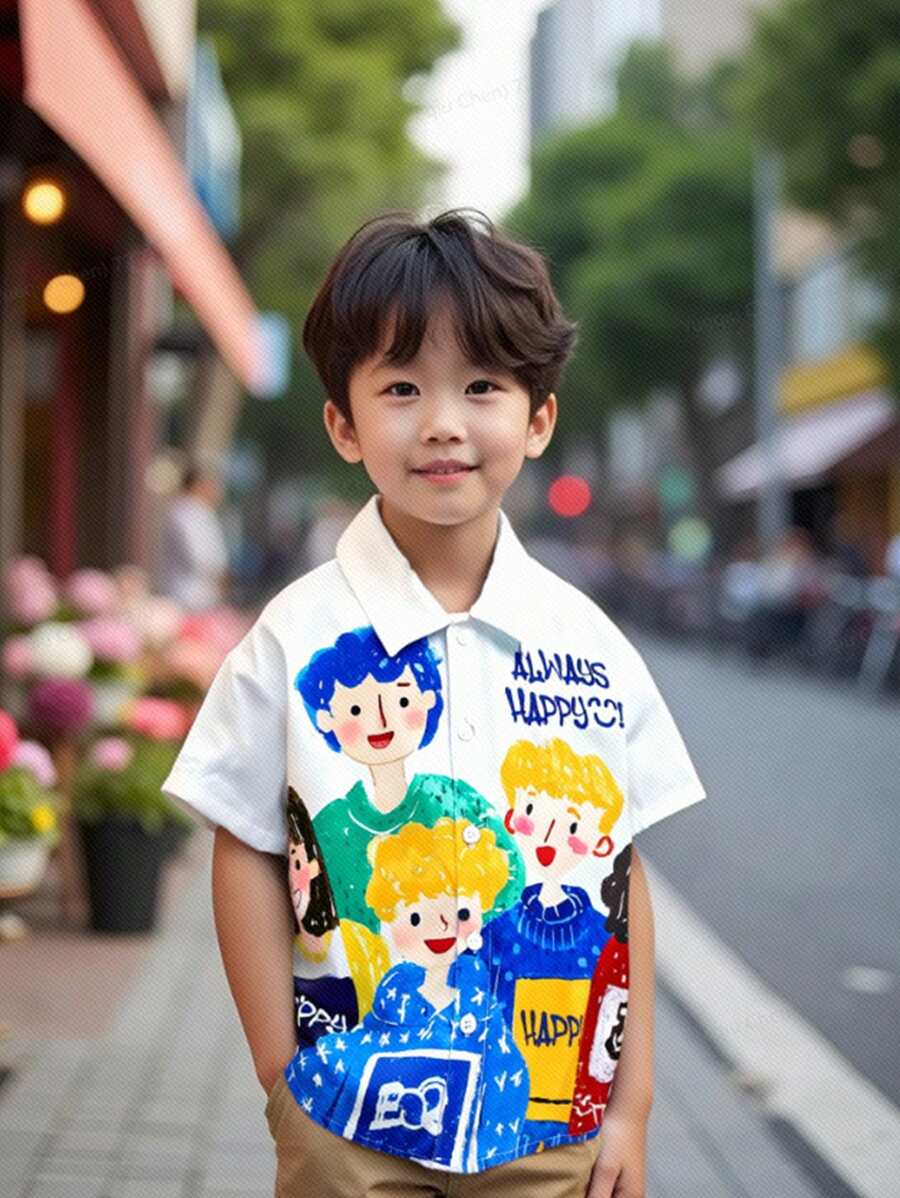 Young Boy Cartoon Character Letter Print Short Sleeve Single Breasted Casual Shirt