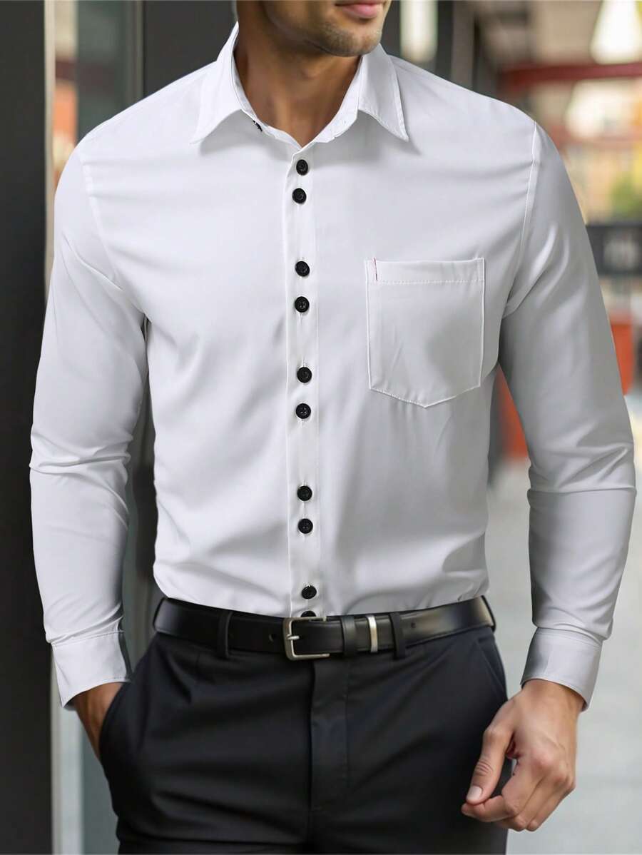 Manfinity Mode Camisa informal de manga larga de doble botonadura con bolsillo para hombre