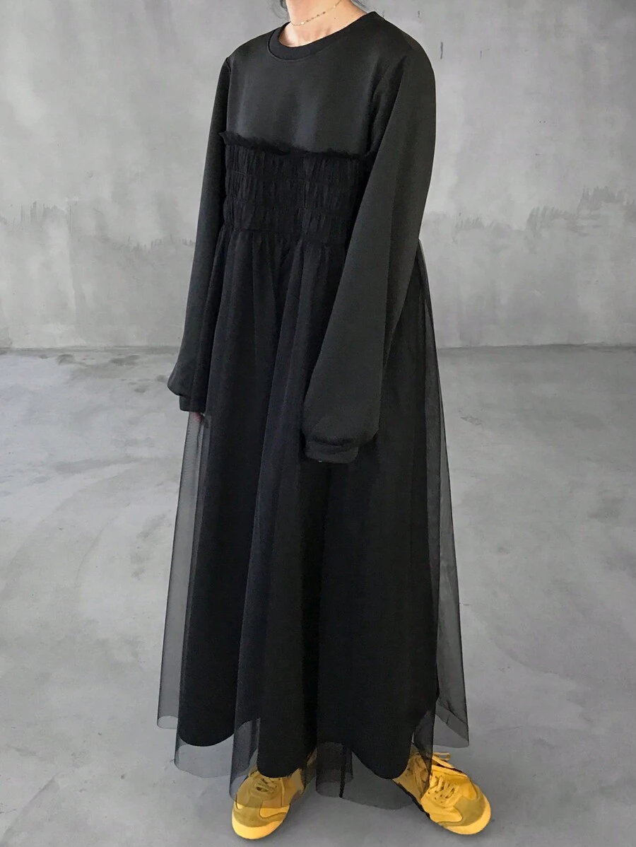 FRIFUL Women's Black Solid Color Waist Cinching Dress With Mesh Splice, Spring,Casual Women Dresses