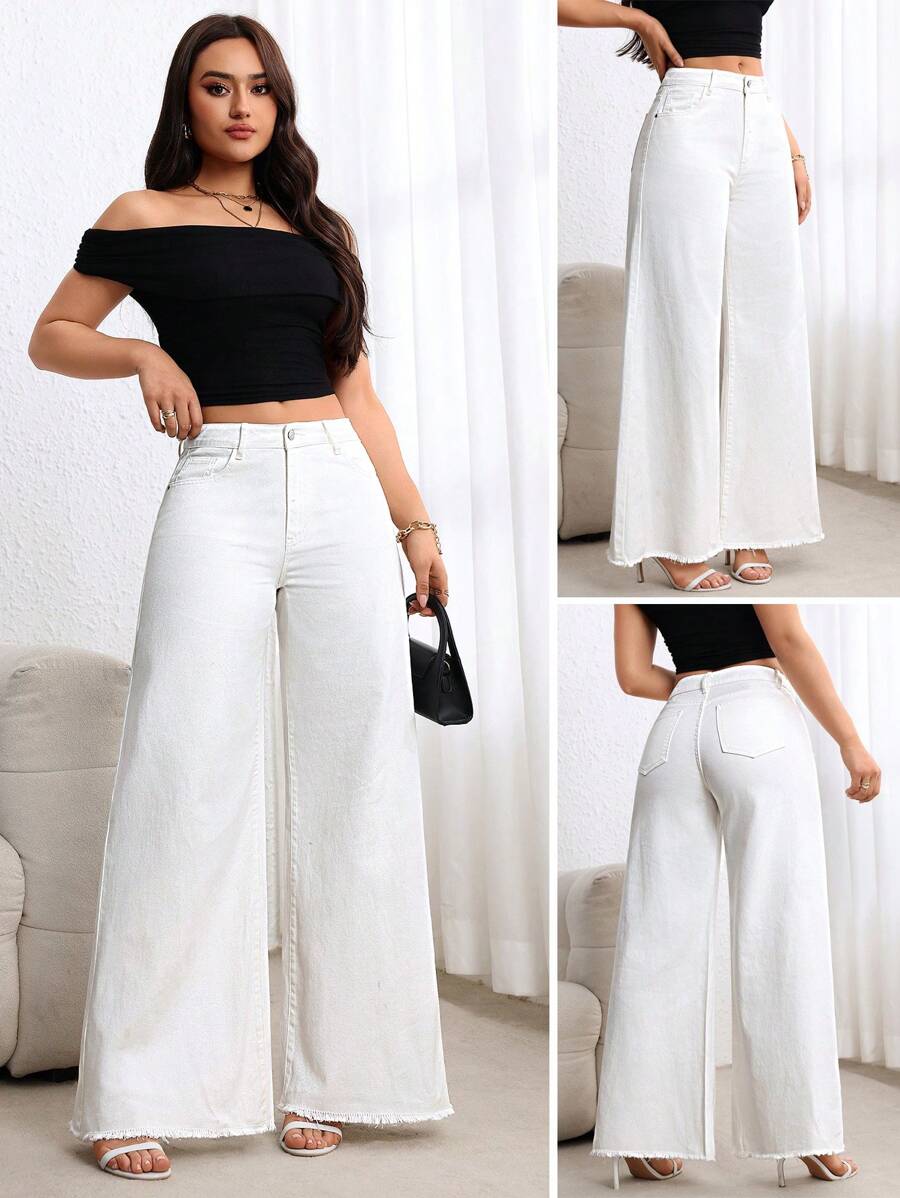 Breezaya Women's Wide Leg White Casual Loose Pocketed Denim Jeans