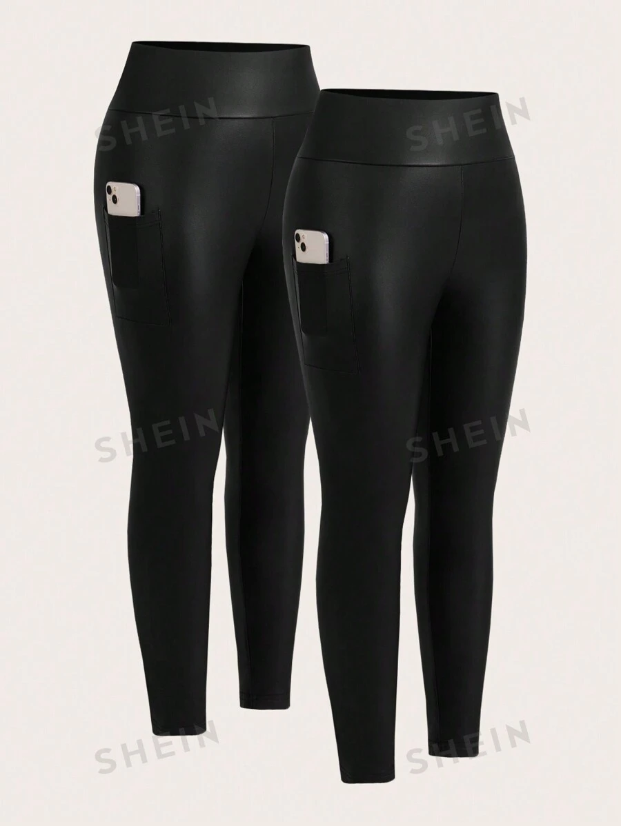 SHEIN Essnce Pantalón de 2 piezas de novia para mujer de talla grande, estilo empresarial casual para primavera y verano, con bolsillo para teléfono móvil, ajuste ceñido en piel sintética negra