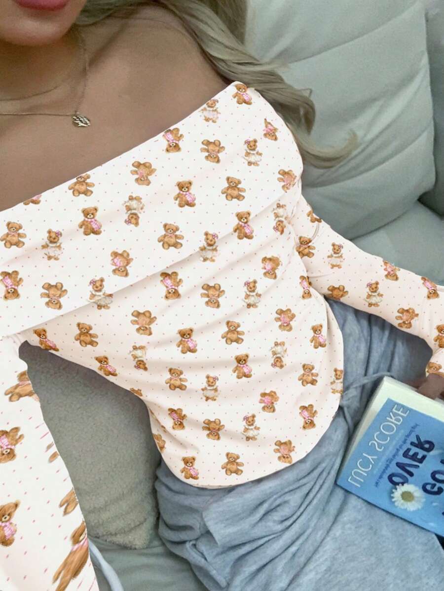 SHEIN EZwear Damski top vintage z odkrytymi ramionami i wygodnym, uniwersalnym, dopasowanym długim rękawem do jesienno-zimowych warstwowych stylizacji