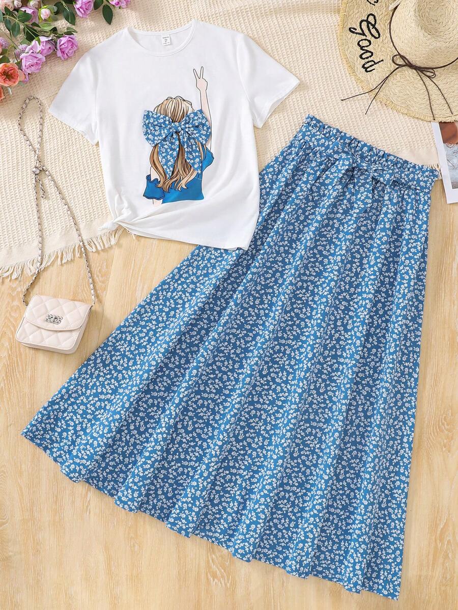 SHEIN Set de 2 piezas para adolescentes: Camiseta gráfica blanca de punto con acento de estampado floral diminuto y lazo, y falda larga con estampado floral diminuto, apropiada para vacaciones, ocio, fiestas, almuerzos, festivales de música.