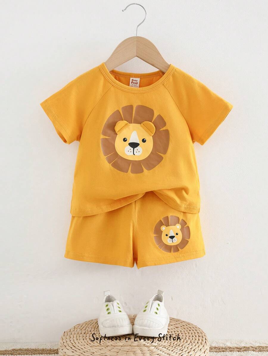 Cozy Pixies Set de 2 piezas de body de niño bebé con estampado de león de dibujos animados y top de punto de cuello redondo de manga corta, y pantalones cortos de cintura elástica
