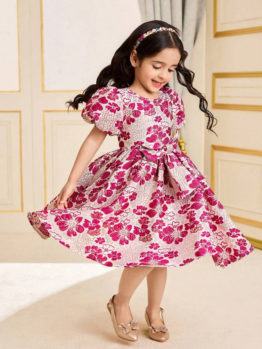 Vestido mini de cuello redondo con mangas abullonadas y estampado floral para niña joven