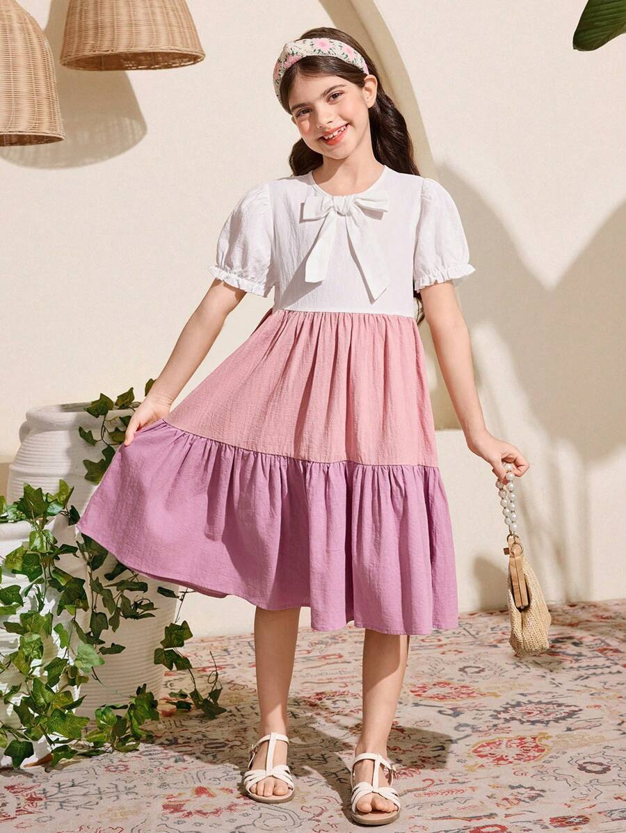 SHEIN Vestido de niña preadolescente de uso casual diario, fiesta y versátil con cuello redondo de manga corta y parches de unicolor