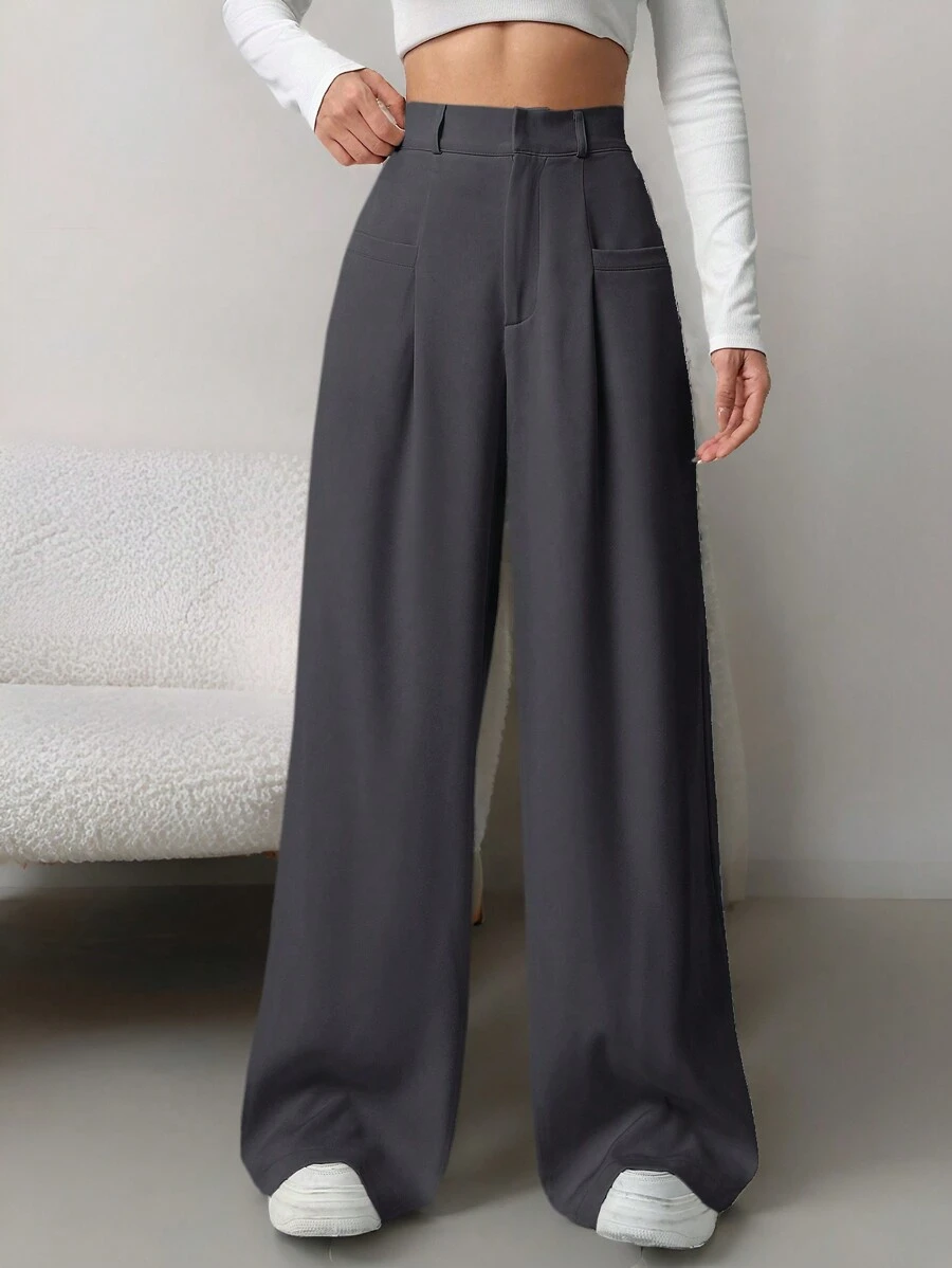 SHEIN PETITE Ladies' Solid Color Pleated Trousers