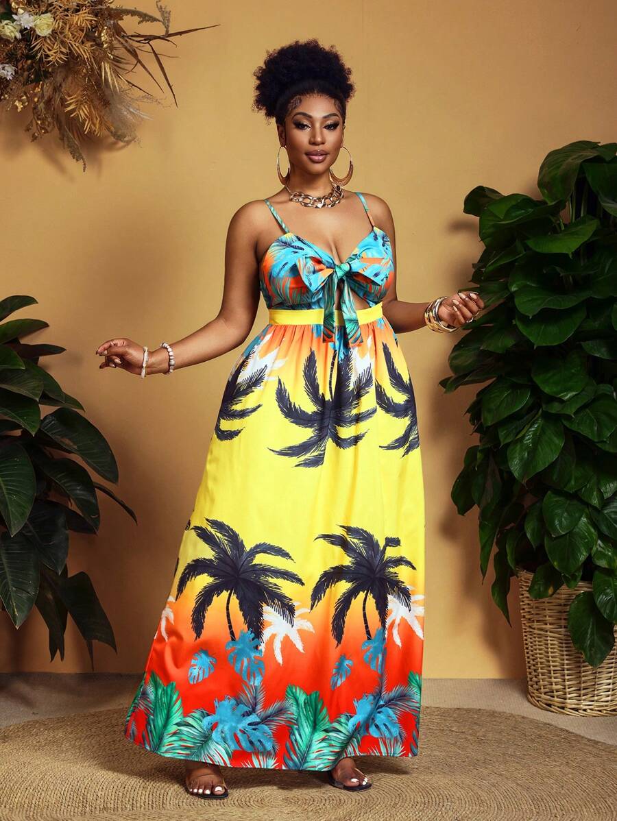 Slaydiva Spring And Summer New Style Holiday Sling Front Chest Strap Hollow A-Hem Long Skirt With Tropical Print Pattern All-Over Printing Yellow Women's Plus Long Dress-A