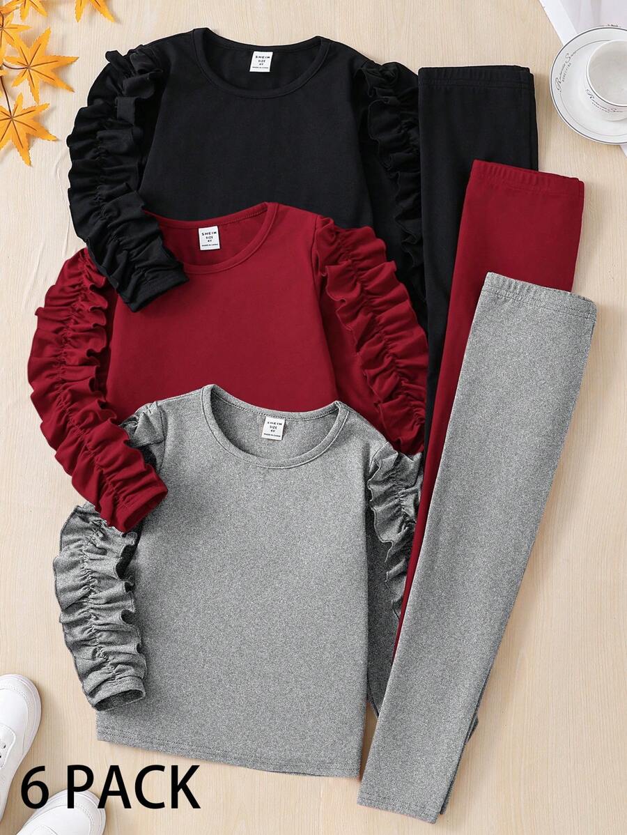 SHEIN 6pcs/Set Young Girl Ruffle Hem T-Shirt And Leggings Two-Piece Sets, Suitable For Casual Daily Wear