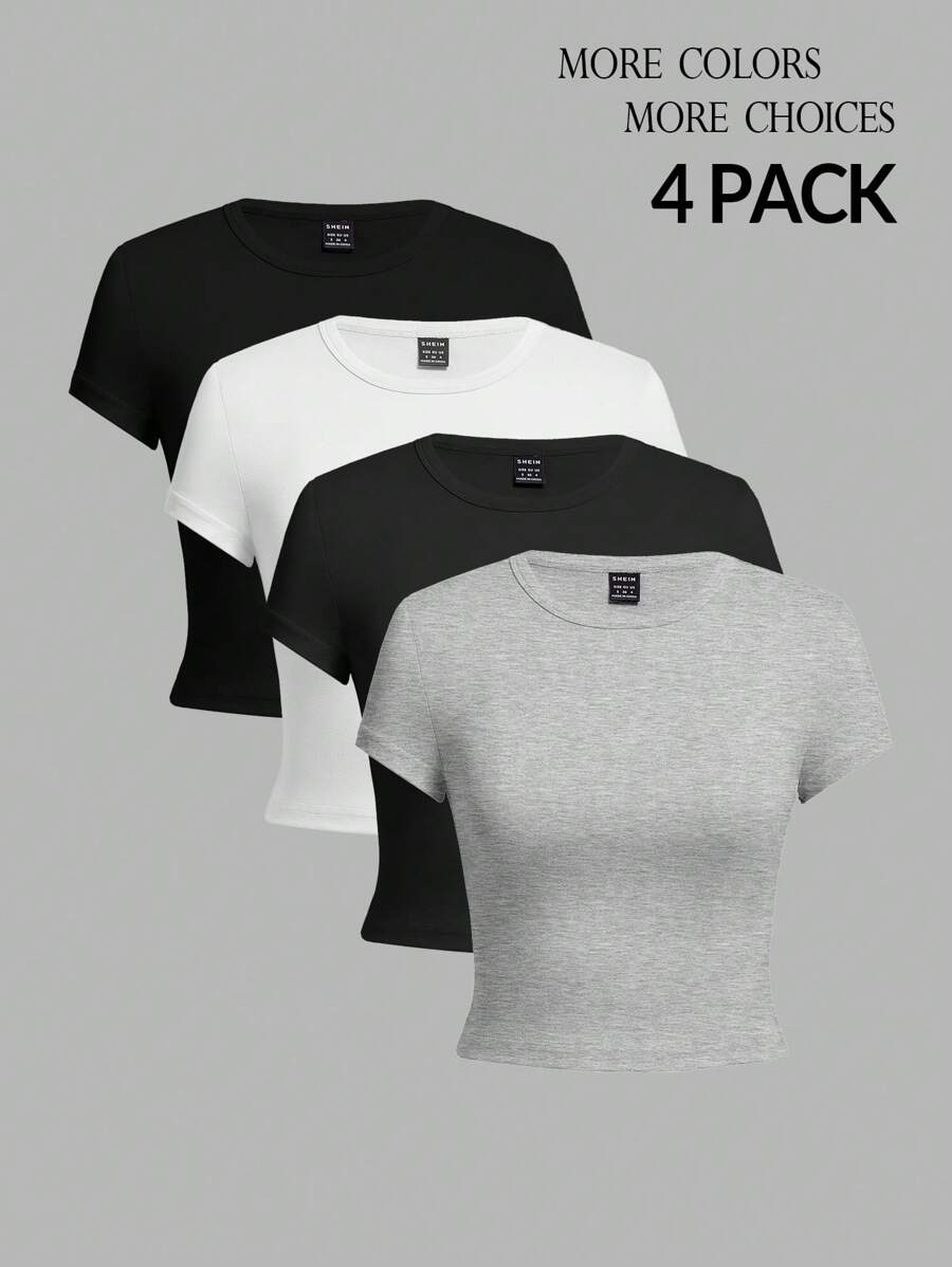 SHEIN PETITE Conjunto de 4 camisetas de mujer de manga corta, de cuello redondo, ajustadas, adecuadas para el verano, en color negro, blanco y gris con estampado floral