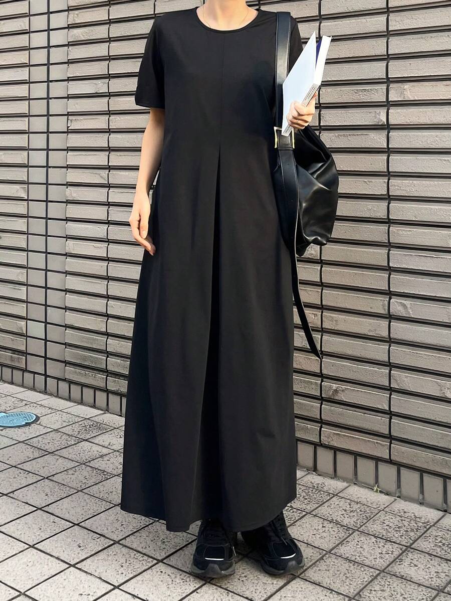 FRIFUL Women's Black Midi Dress, Round Neck Short Sleeve, Business Casual Summer Outfit