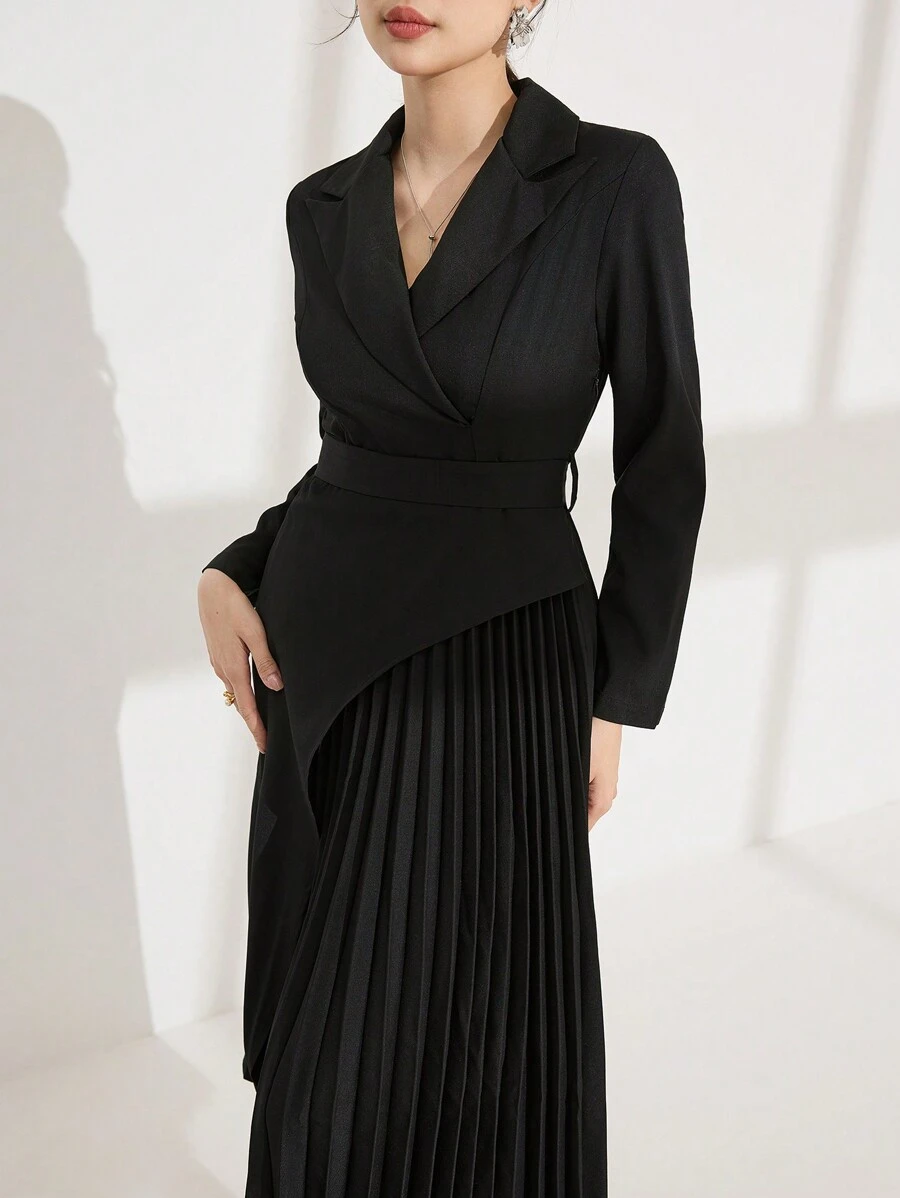 Modelyn Vestido de mujer con chaqueta de solapa, con pliegues, con cintura acampanada y cintura ceñida