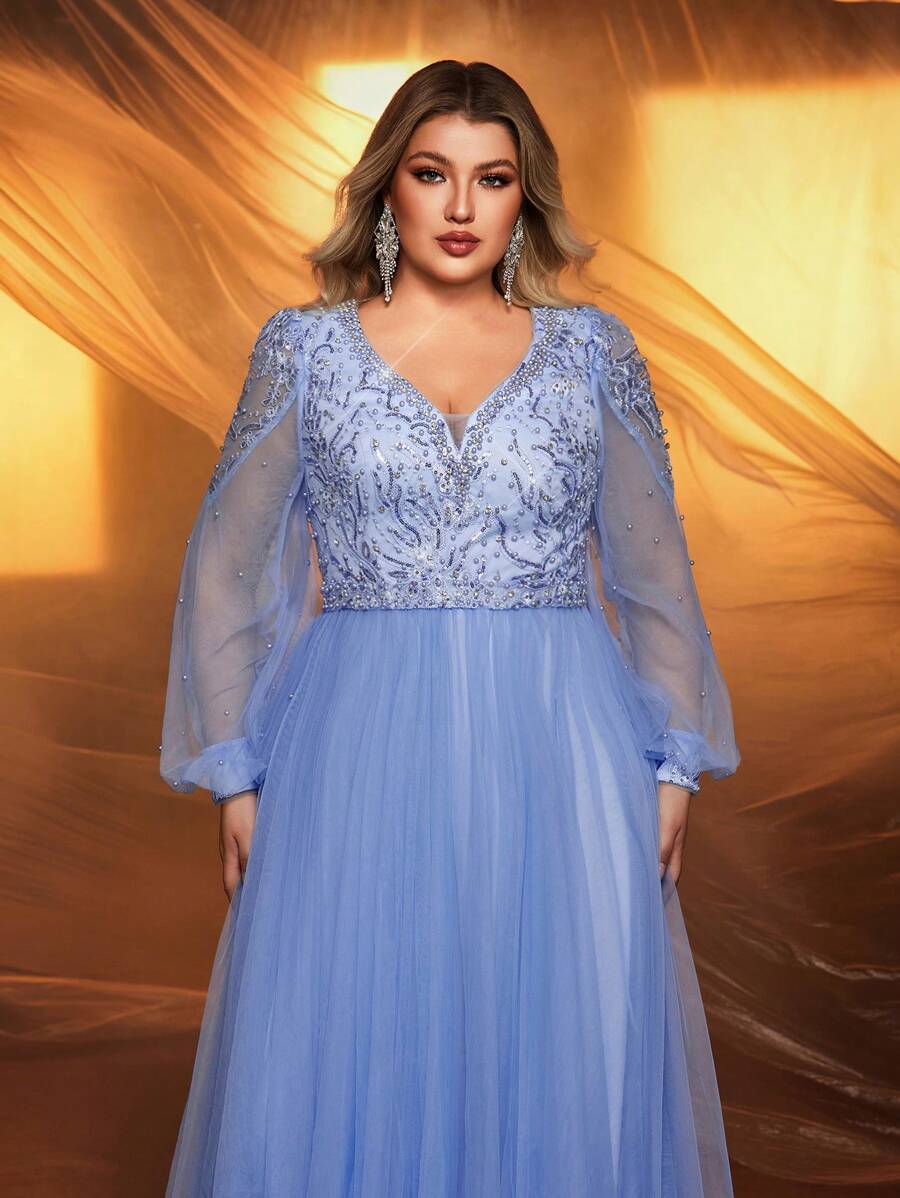 Glamrae Plus Size Elegant Romantic Light Blue Luxury Rhinestone Pearl Embroidery Decoration Mesh See-Through Long Sleeve Large A-Line Formal Dress, Suitable For Parties, Celebrations And Get-Togethers