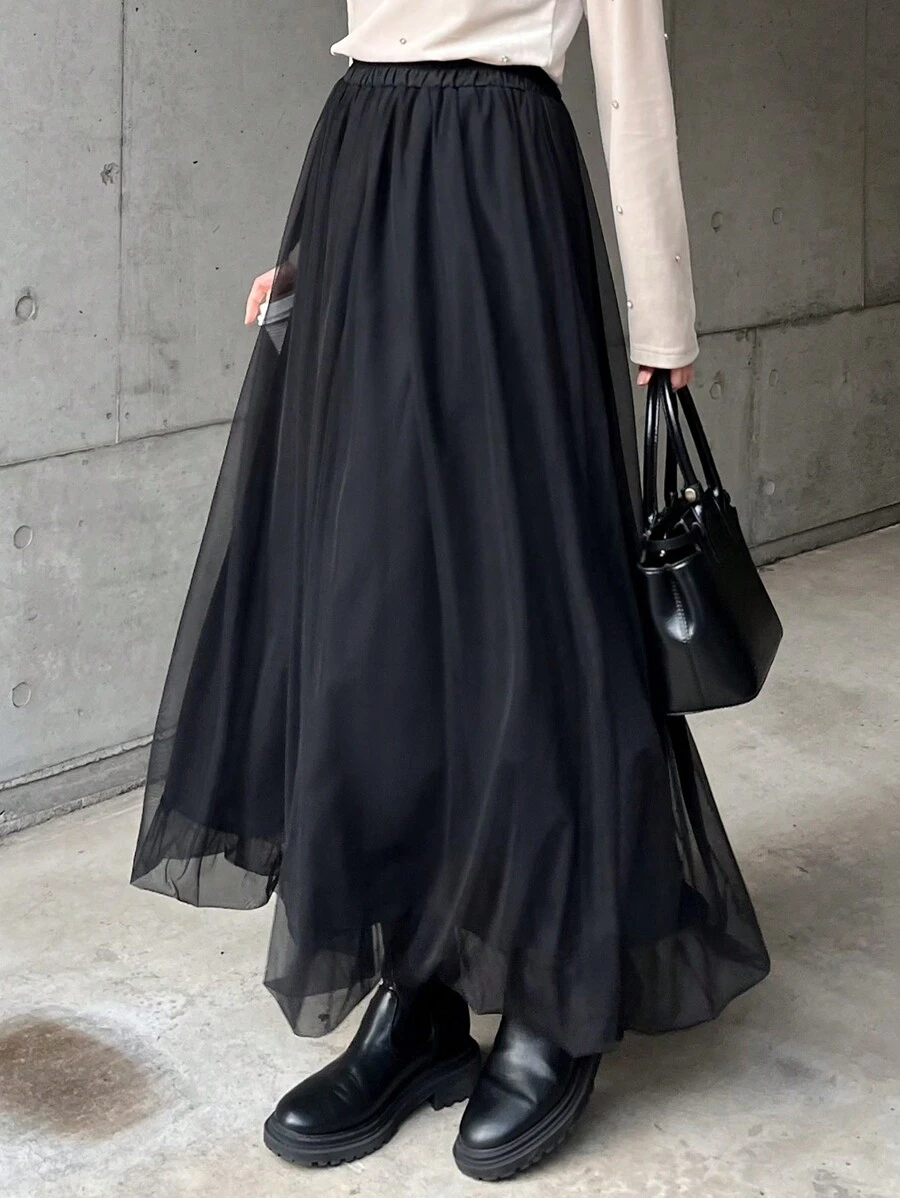 FRIFUL Women's Black Mesh Tulle Pouf Maxi Skirt, Elegant Bubble Skirt For Spring/Summer