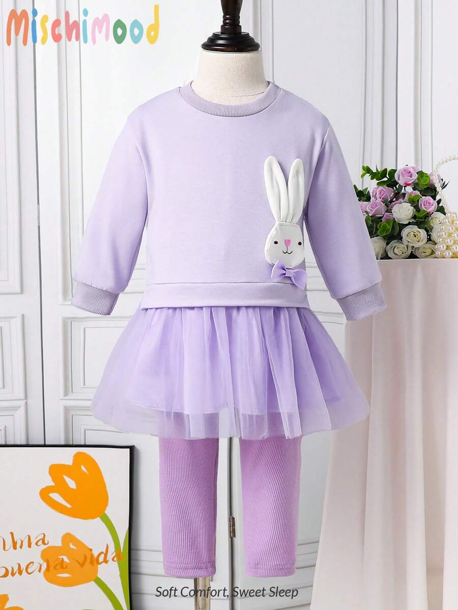Ensemble de vêtements à domicile pour bébés filles avec série violette, robe à manches longues en maille brodée avec un lapin mignon et leggings décontractés