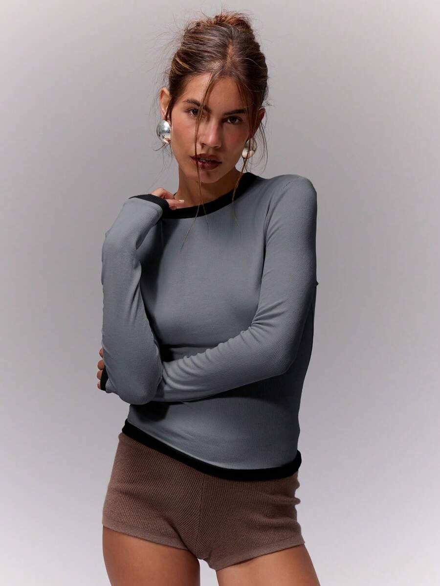 MUSERA Top a maniche lunghe aderente con bordi a contrasto