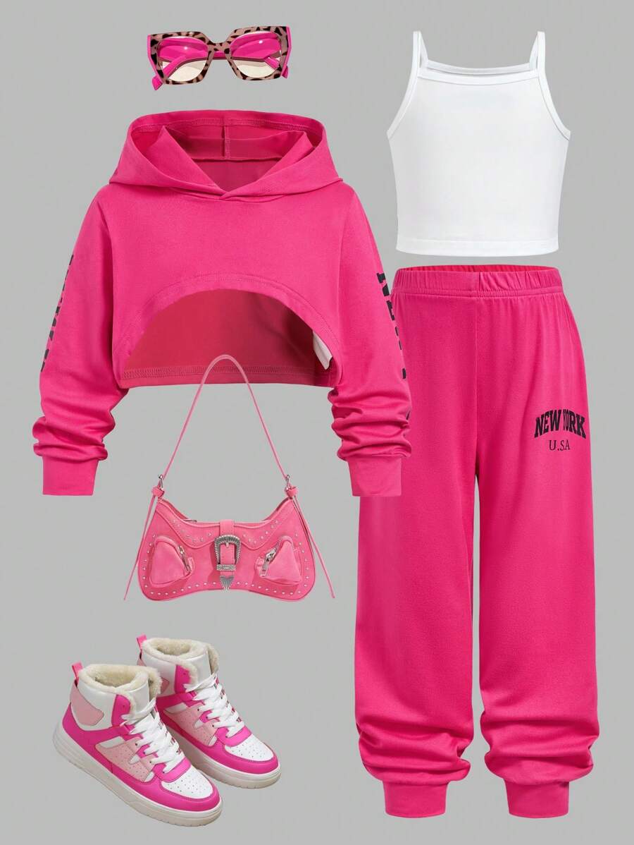 Conjunto de 3 piezas para niñas, blusa de manga larga rosa + top de tirantes + pantalones de chándal, atuendo para vacaciones y actividades al aire libre en verano