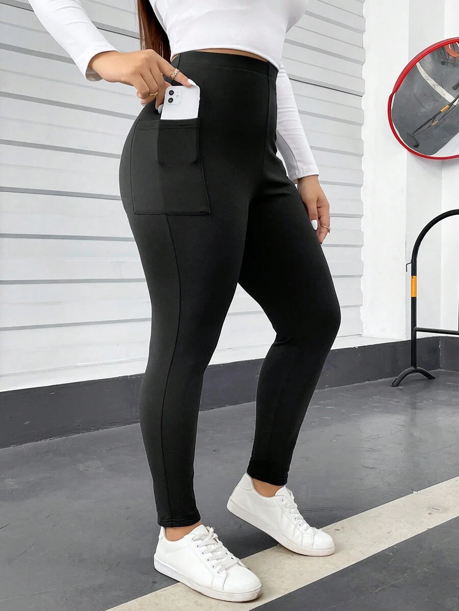 SHEIN Essnce Plus Size Women's Spring And Summer Fashion Casual Comfortable Daily High Elastic Black Slim Fit With Pocket Leggings,Spring Outfits,Women Bottom,Airport Outfit For Women,Curve Pants,Streetwear For Women,Going Out Outfits
