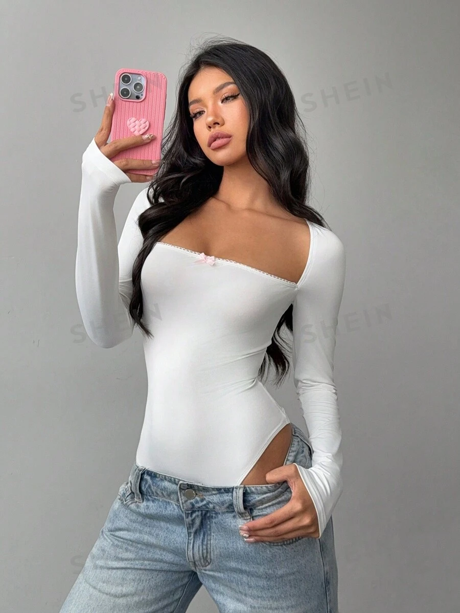 Aloruh Body de manga larga negro con cuello cuadrado sexy, decoración de lazo hecho a mano, y parches de encaje en la parte delantera para mujer