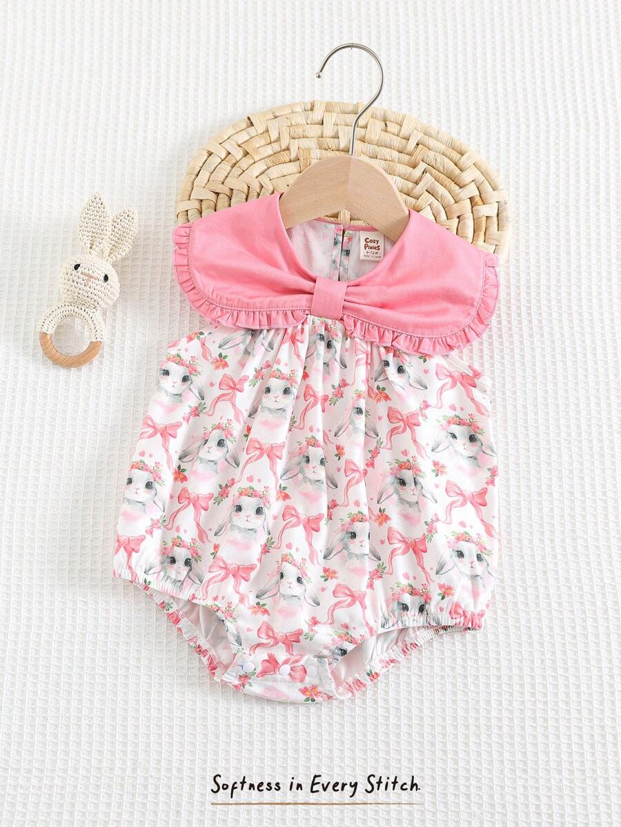Cozy Pixies Baby Girl Cartoon Rabbit Pattern Contrast Color Round Neck Sleeveless Romper