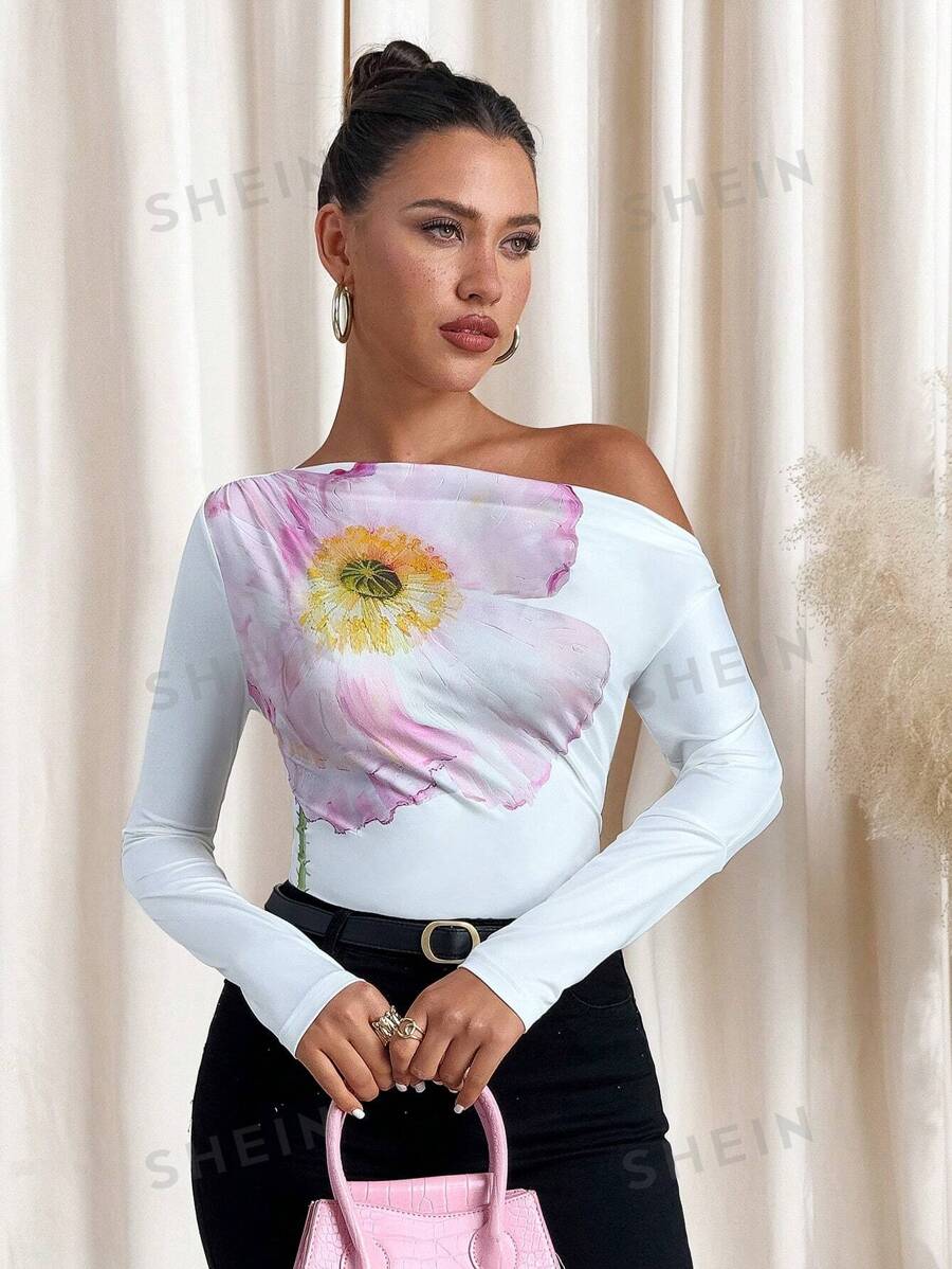Lavishia Camiseta de manga larga con hombros abiertos, ajustada y fruncida con estampado floral, elegante y casual para primavera/verano