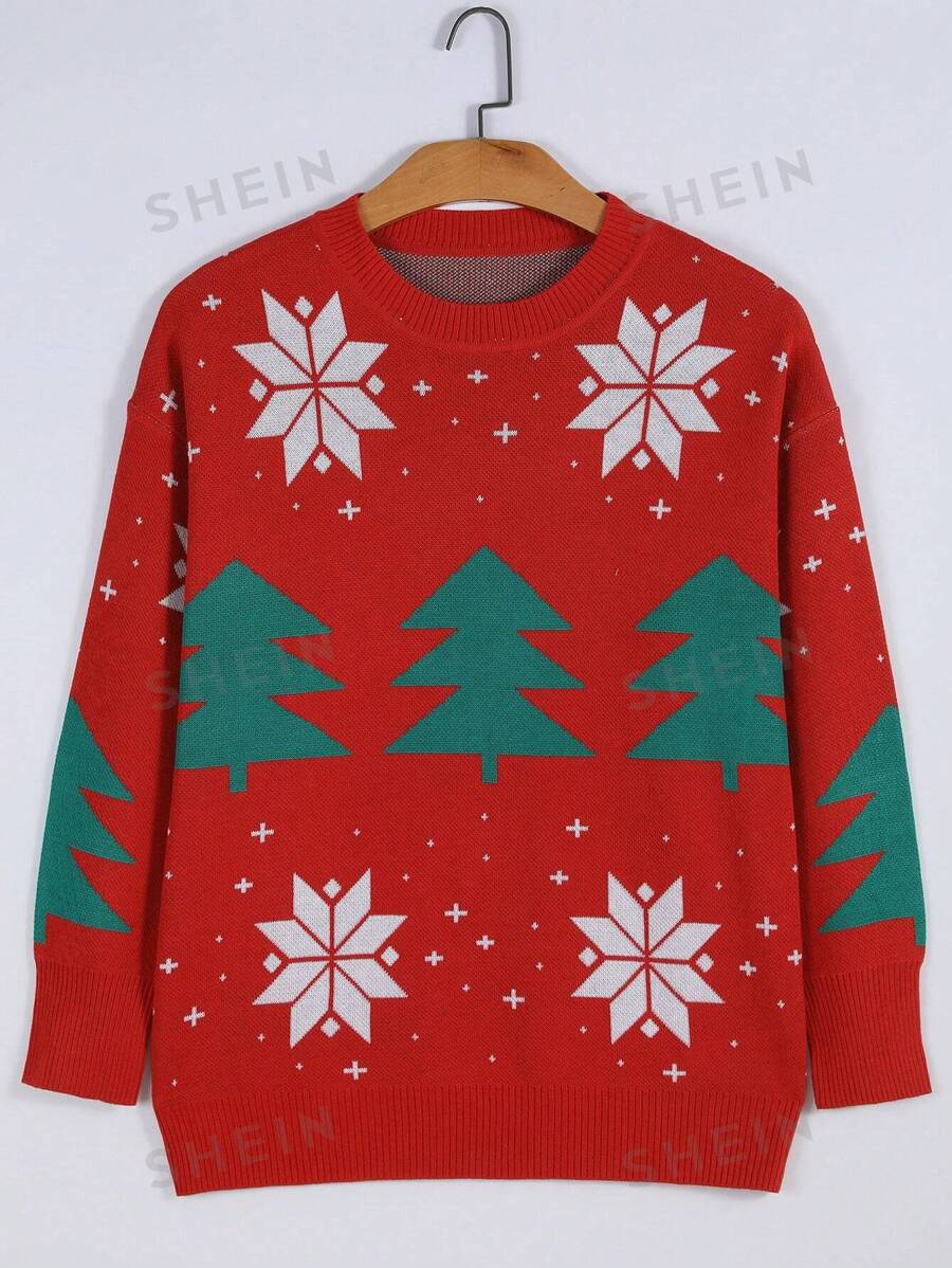 SHEIN LUNE Suéter de cuello alto de tejido de punto con estampado de árbol de Navidad para mujer de talla grande, otoño/invierno
