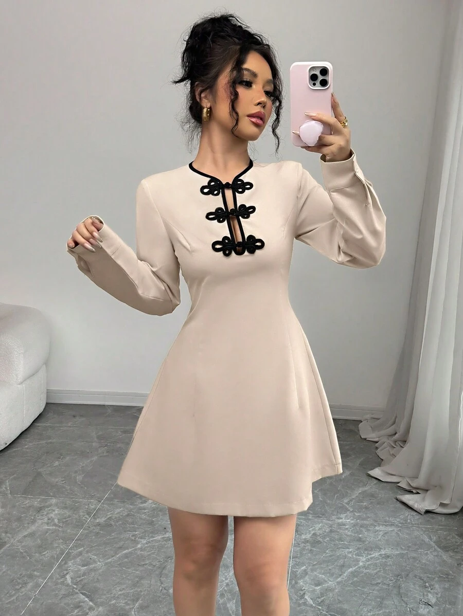 Calvaya Apricot Colored A-Line Dress With Mandarin Button Decoration, Waist Gathered