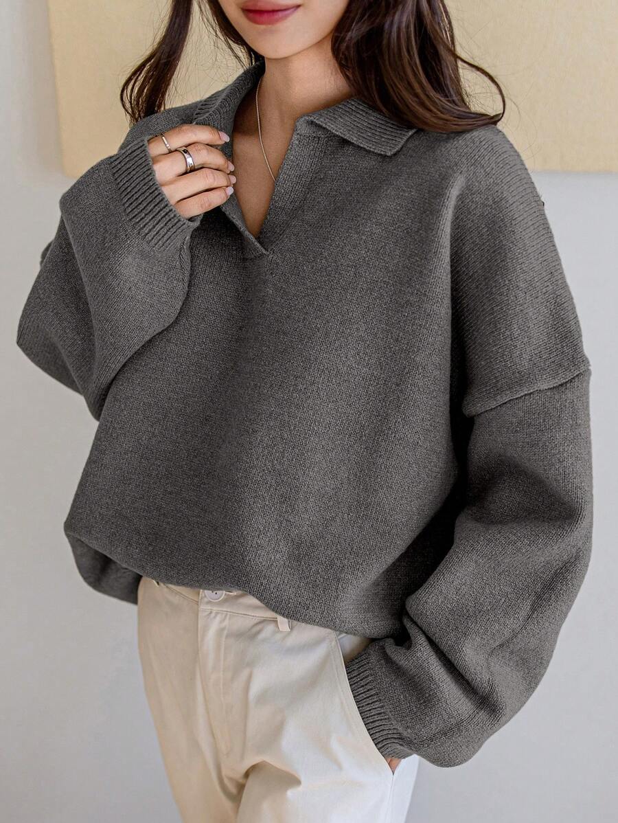 Dazy-Less Jersey de punto de unicolor con escote en V minimalista para mujer, estilo casual de dinero antiguo