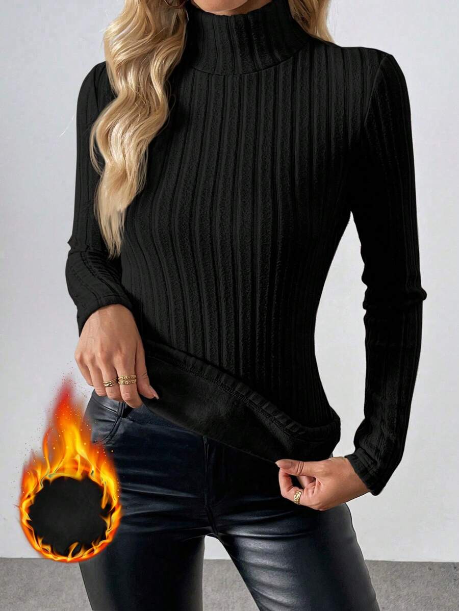RosyDaze Ribbed Knit Thermal Lined Turtleneck Long Sleeve Top, Autumn Basic Top