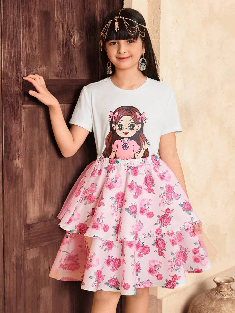 SHEIN Top a maniche corte lavorato a maglia con collo rotondo, elegante e maestoso, adatto a tutti i giorni, e gonna in tulle con motivo floreale delicato, per ragazze durante il Ramadan