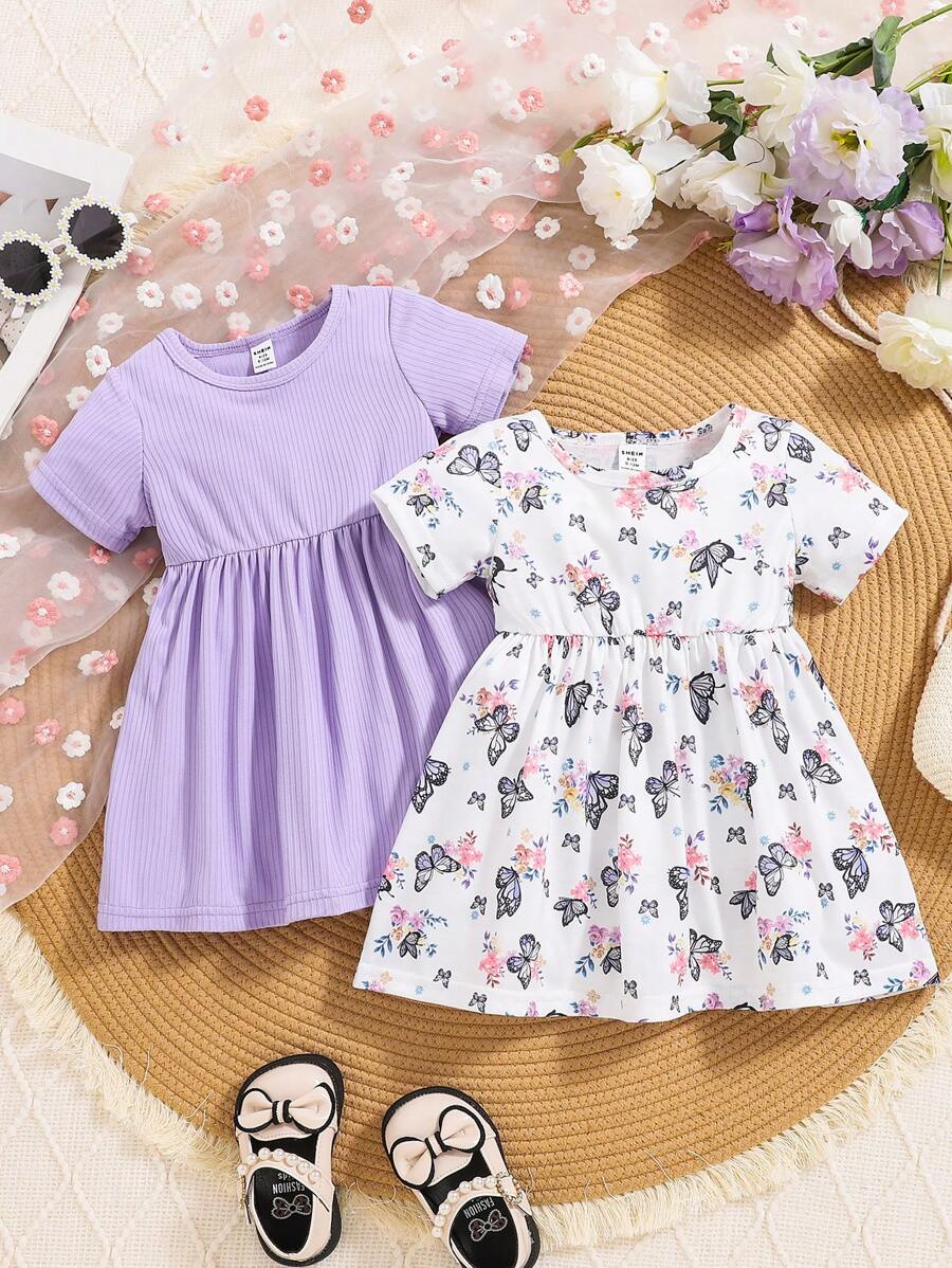 2pcs/Set Baby Girls Casual Loose Soft Solid Color & Butterfly Floral Print Purple Short Sleeve Dress 2 Pieces Set, High Cost-Effective, Suitable For Spring Summer Vacation And Outings
