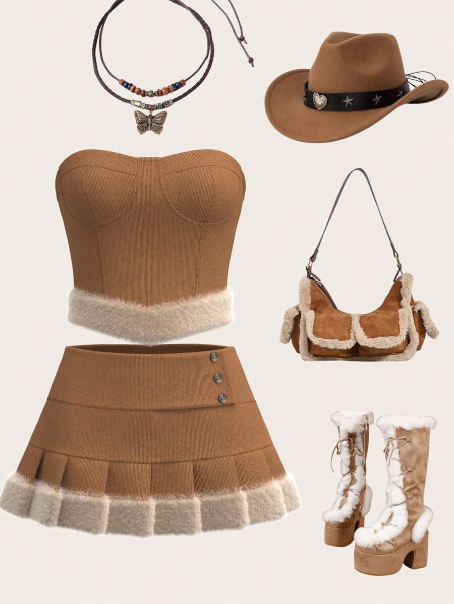 SHEIN ICON Women Y2k Vacation Outfits Vintage Plush Patchwork Crop Top And Draped Waist Mini Skirt Set, Fashion Style