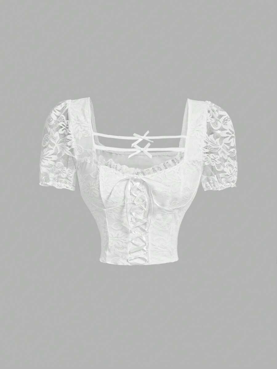 SHEIN MOD White Elegant T-Shirt With Lace Front Bow, Summer Date T-Shirt, Romantic T-Shirt, Vacation T-Shirt, Beach Vacation Wear