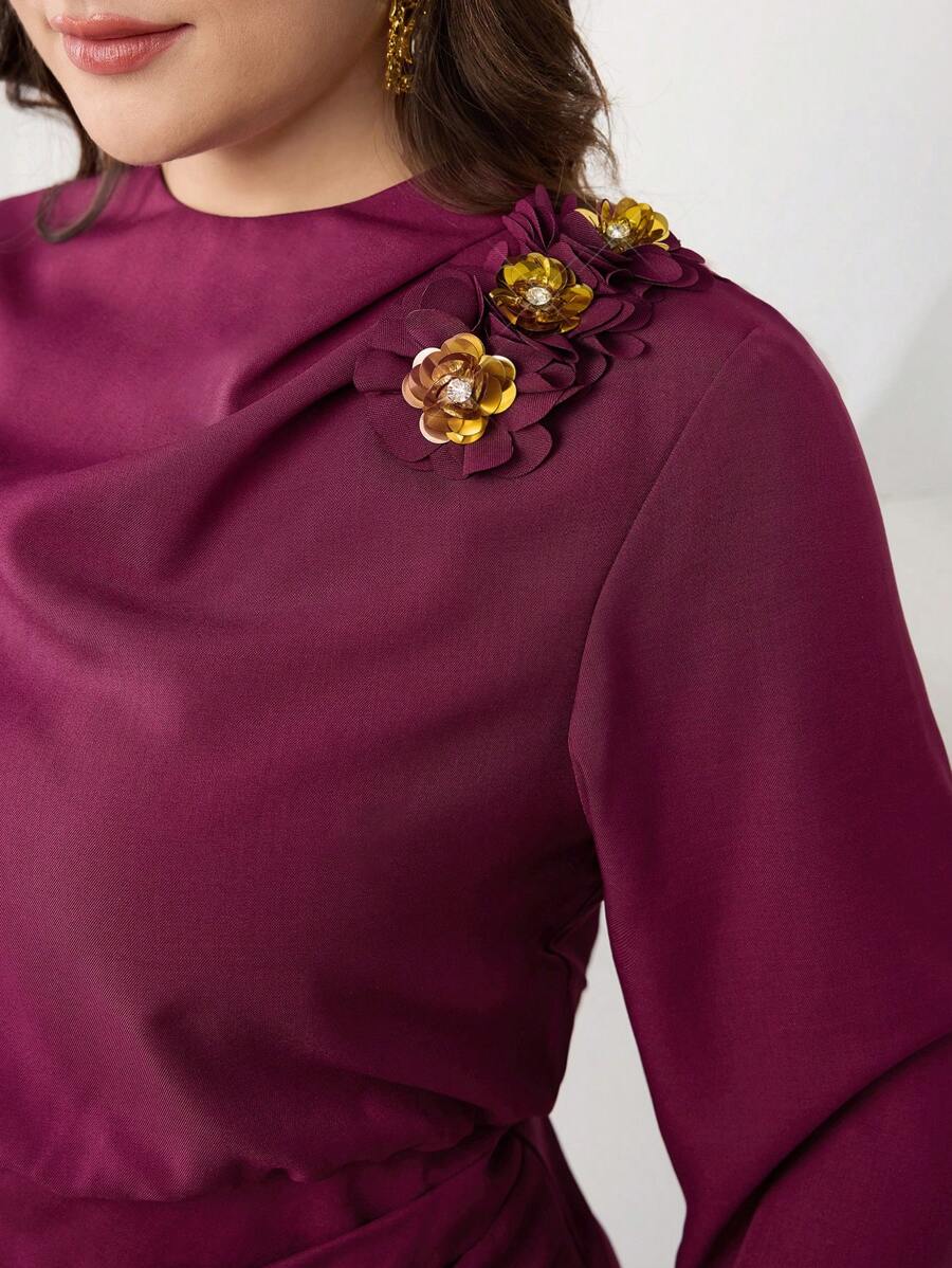 Modelyn Vestido de manga larga con cuello redondo, decoración de flor 3D y bajo con abertura para mujer de talla grande