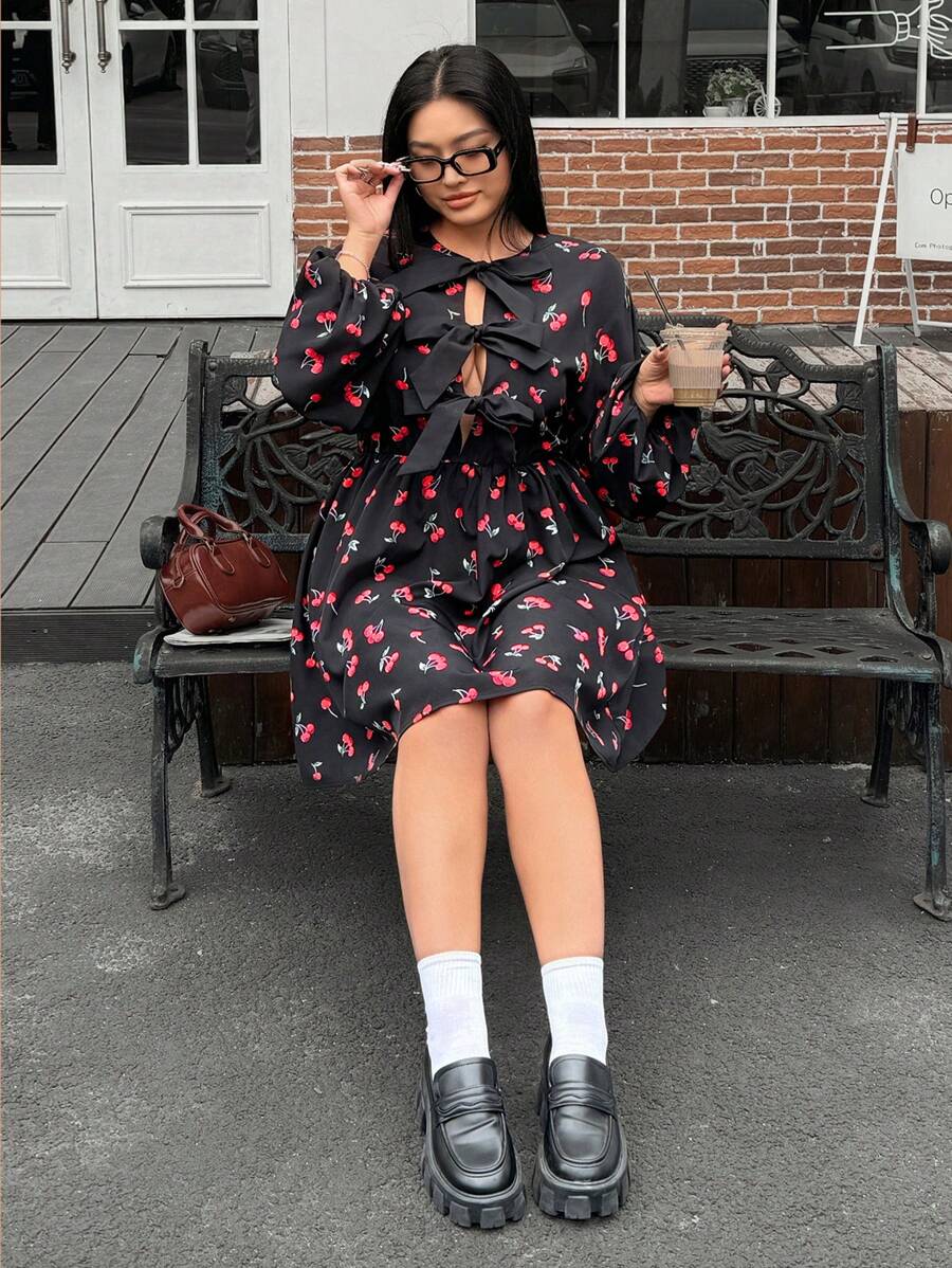 SHEIN EZwear Women's Plus Size,Bow Dress,Cherry Pattern,Black Long Sleeve Dress,Spring Summer Clothes