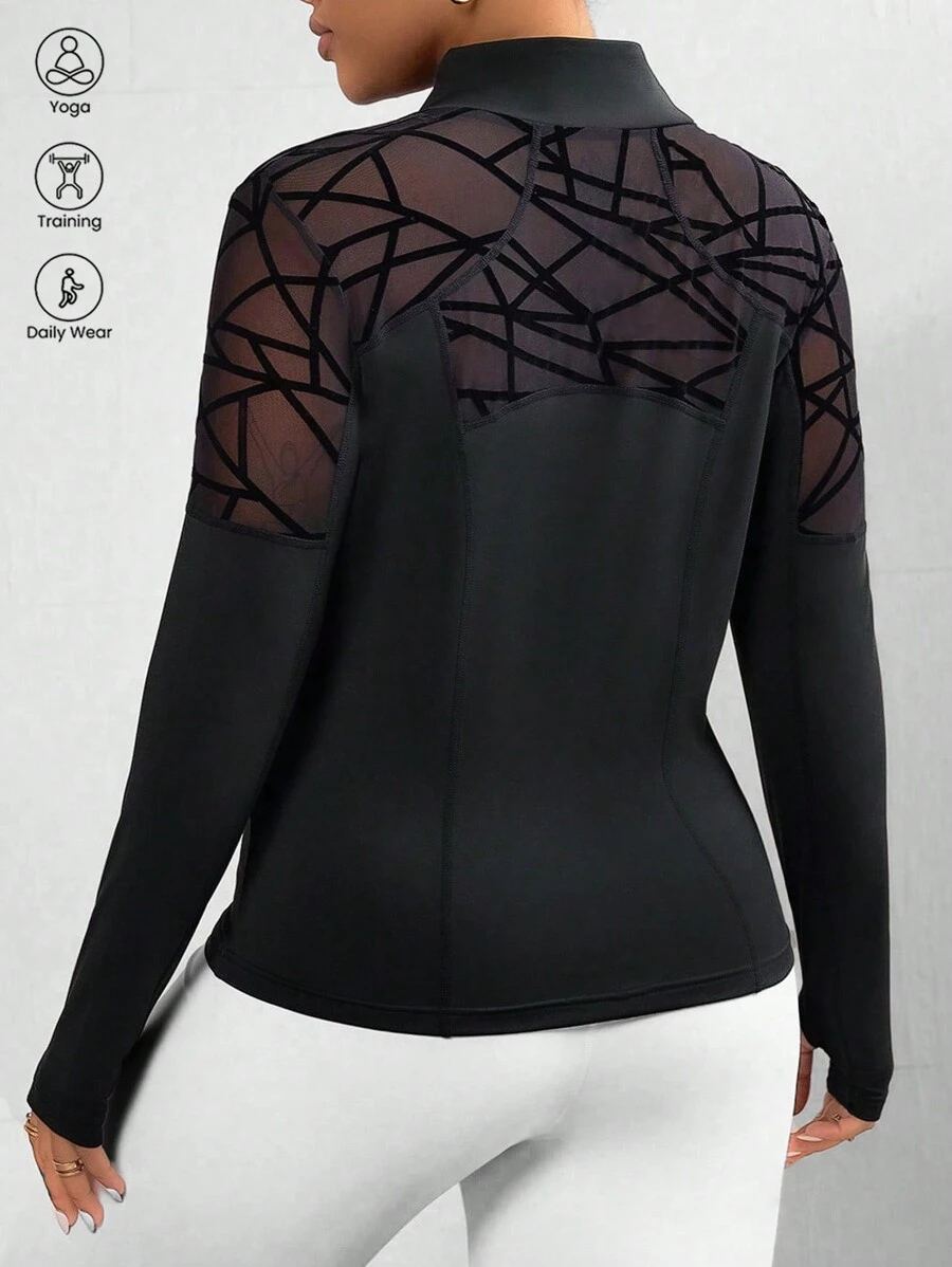 SHEIN Sport Studio Plus Size Branch & Mesh Contrast Thermische Gevoerde Lange Mouw Jas, Sportieve Stijl Voor Herfst/Winter
