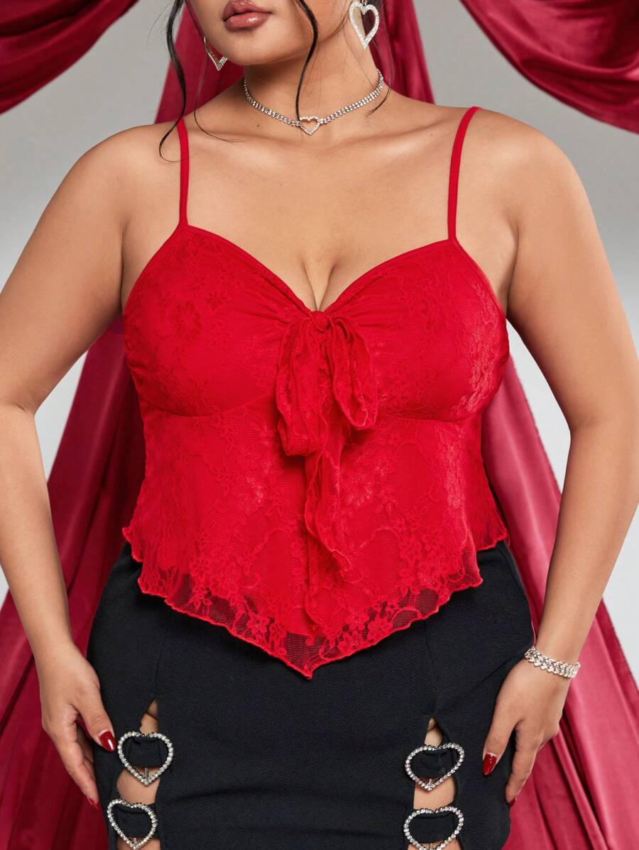 SHEIN ICON Plus Size Red Ruched Bust Front Tie Bow Camisole, Ideal For Valentine's Day Outfit