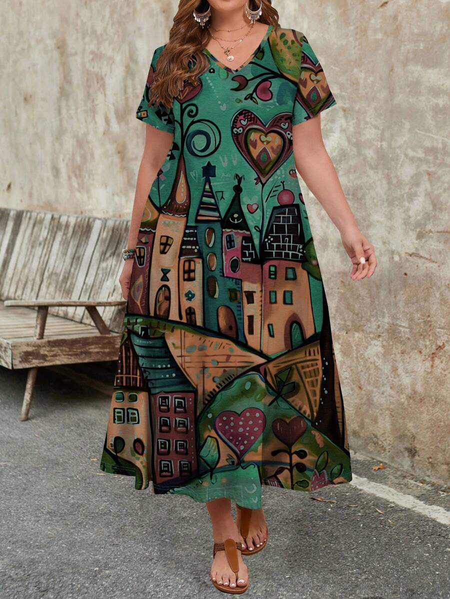 EMERY ROSE Vestido casual de talla grande para mujer con cuello en V y manga corta, adecuado para el verano
