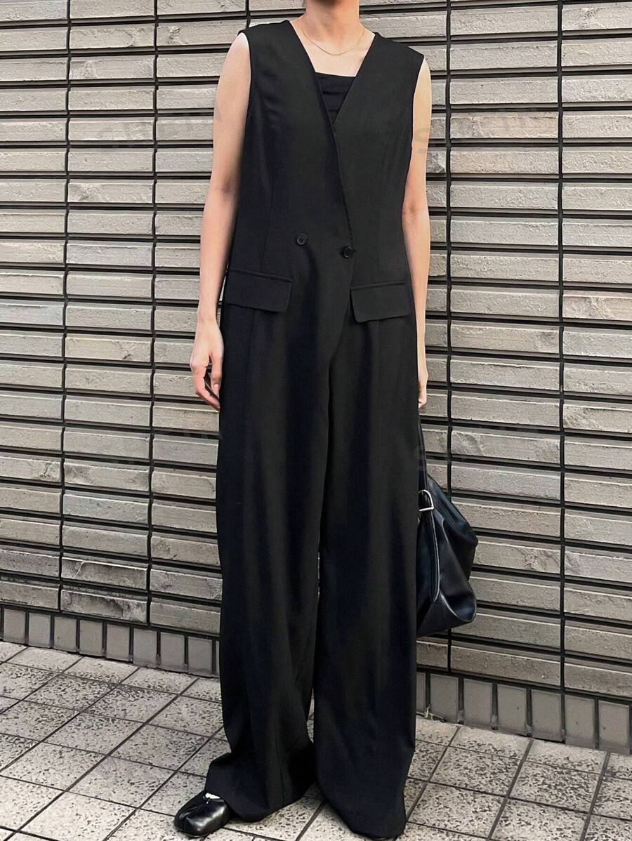 FRIFUL Mono negro para mujer, pantalón de pierna recta con cuello en V y sin mangas, monos de primavera para mujer