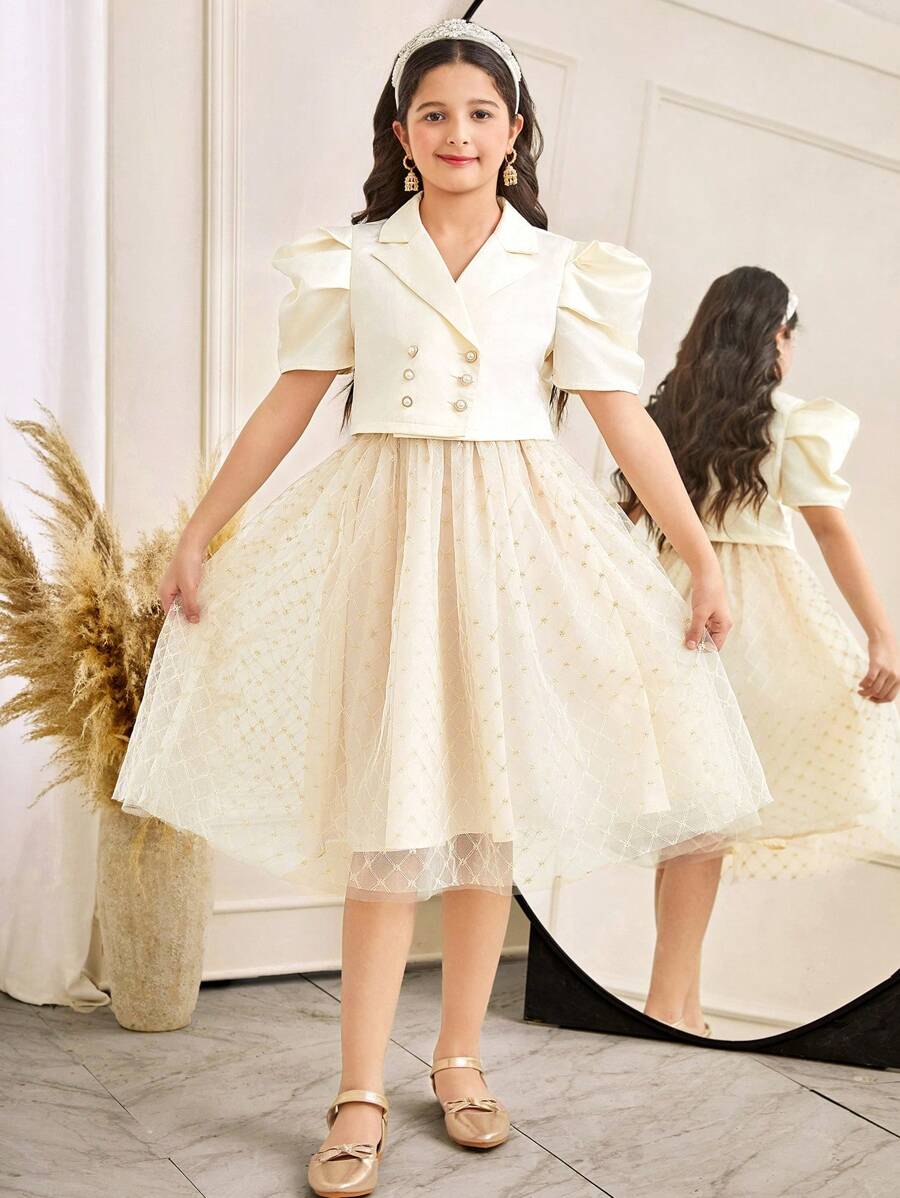 Blusa con cuello vuelto y manga corta con falda de malla, conjunto informal de vacaciones para niña preadolescente