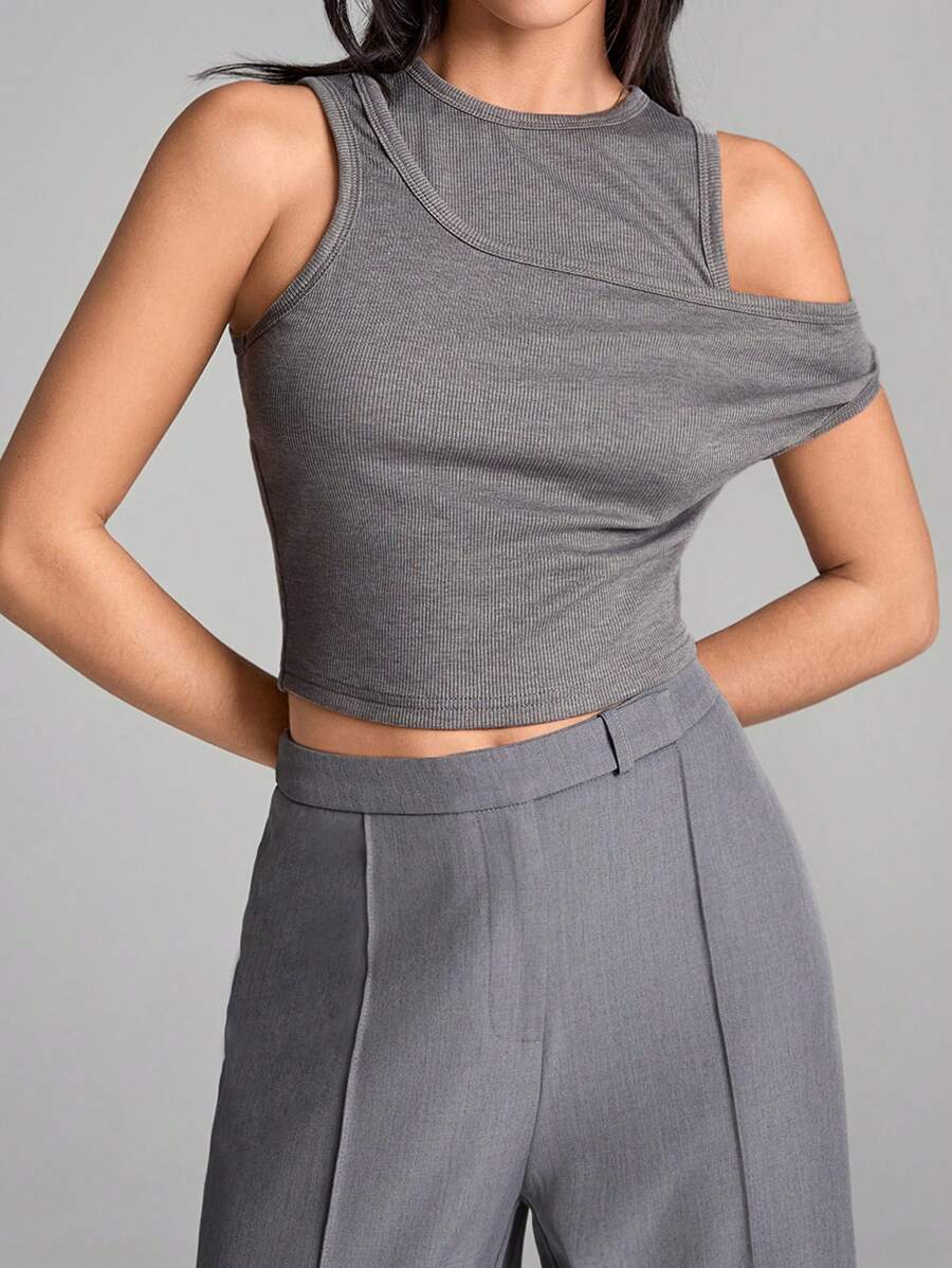 LYSMO Women's Solid Ribbed Knit Top With 2 In 1 Design, Fitted Style
