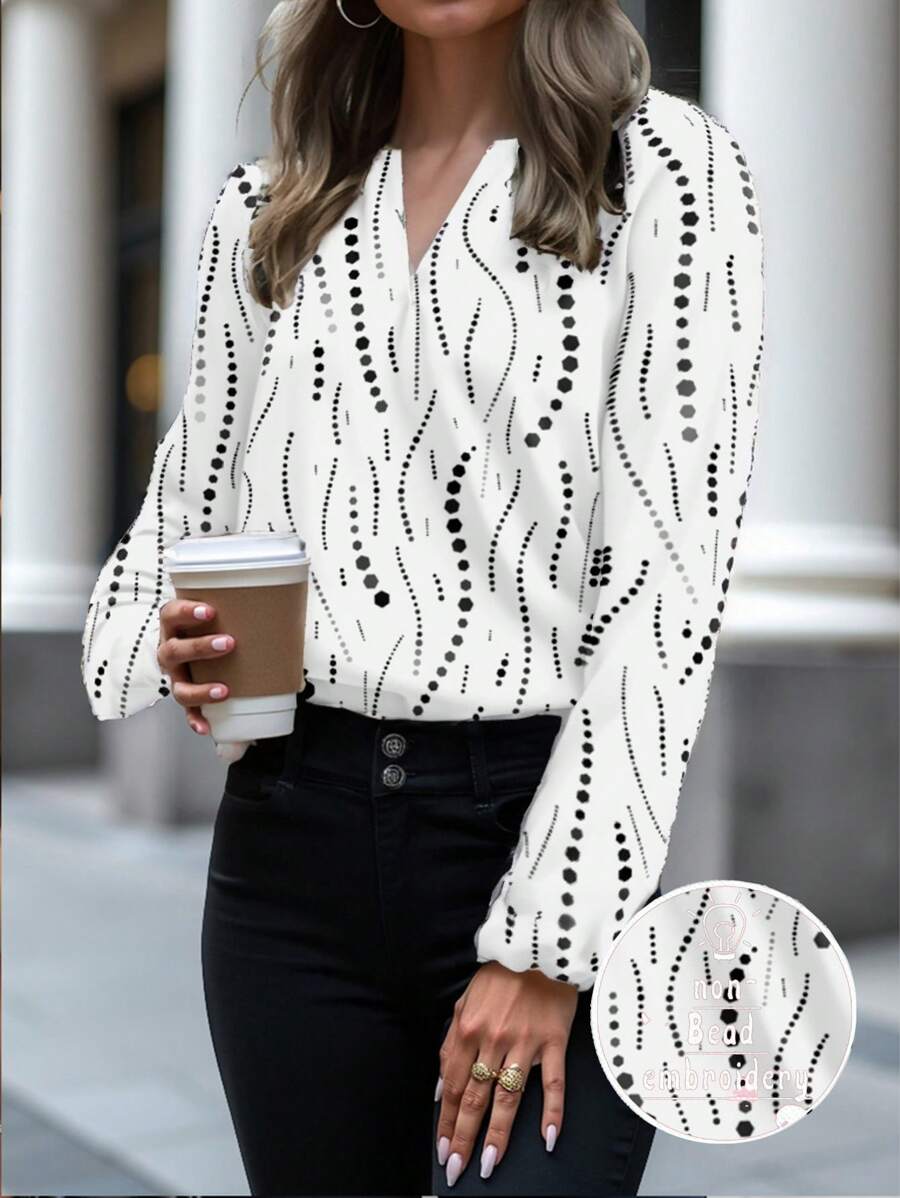 Glamance ORANGE STUDIO Blusas de mujer en blanco y negro de manga larga con cuello entallado, casuales, blusas de verano sencillas para outfits de verano, salidas y eventos.