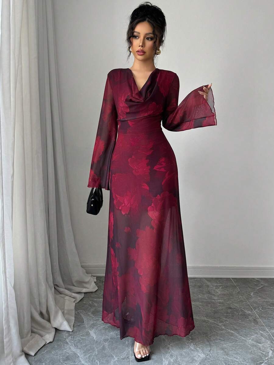 Elenzga Sheer Mesh Rose Floral Print Draped Neck Long Sleeve Maxi Elegant Dress