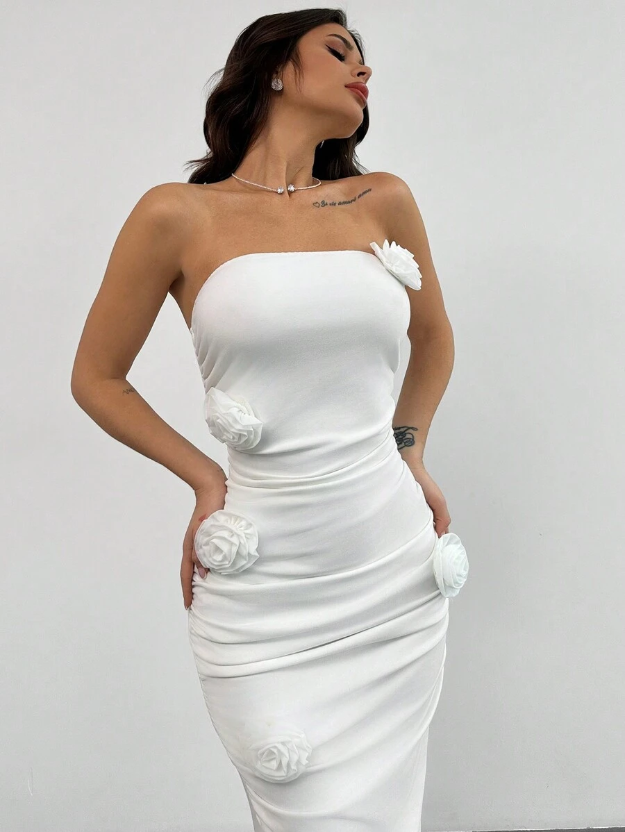 Firerie Women's Elegant Romantic Delicate Charming Fashionable INS-Style Valentine's Day Party White Ruched Bodycon Midi Dress